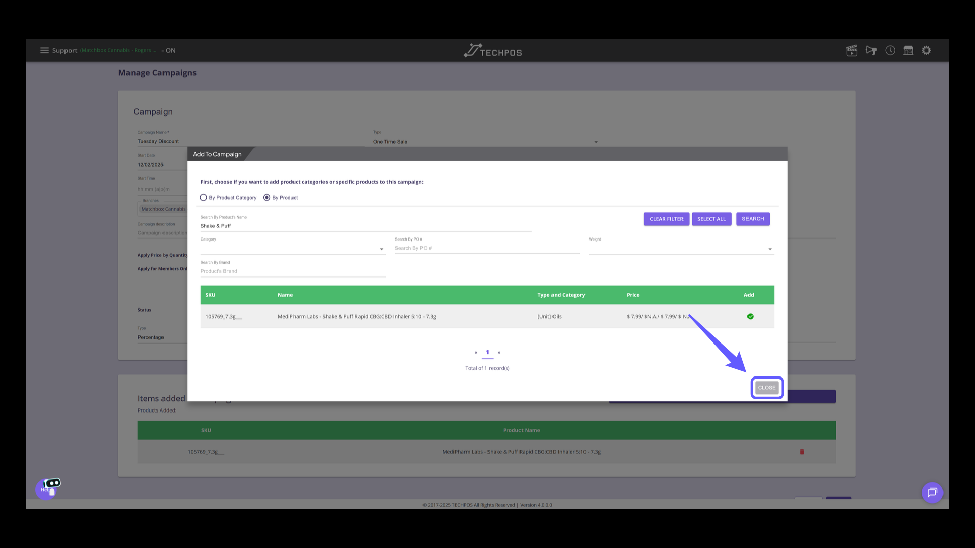 Close the Add to Campaign Panel