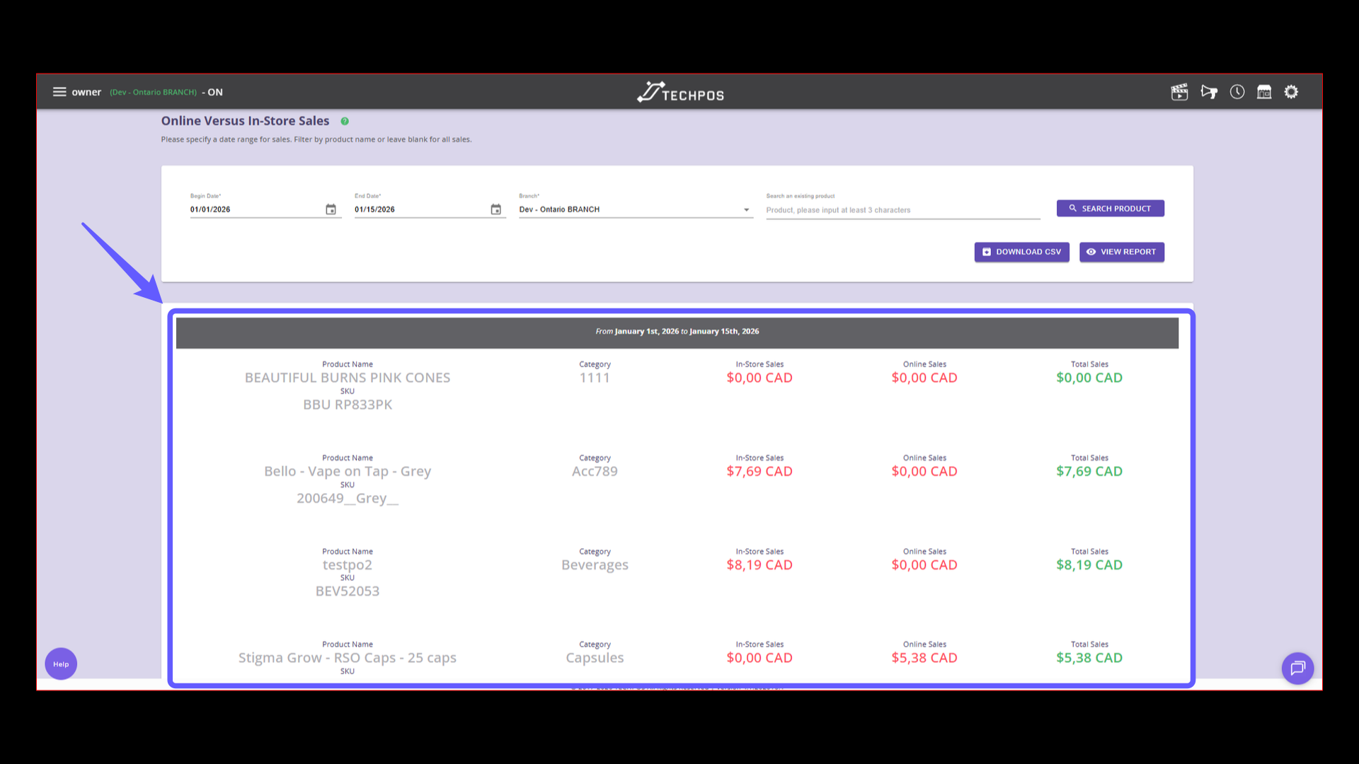 Search all products sales by filtered range