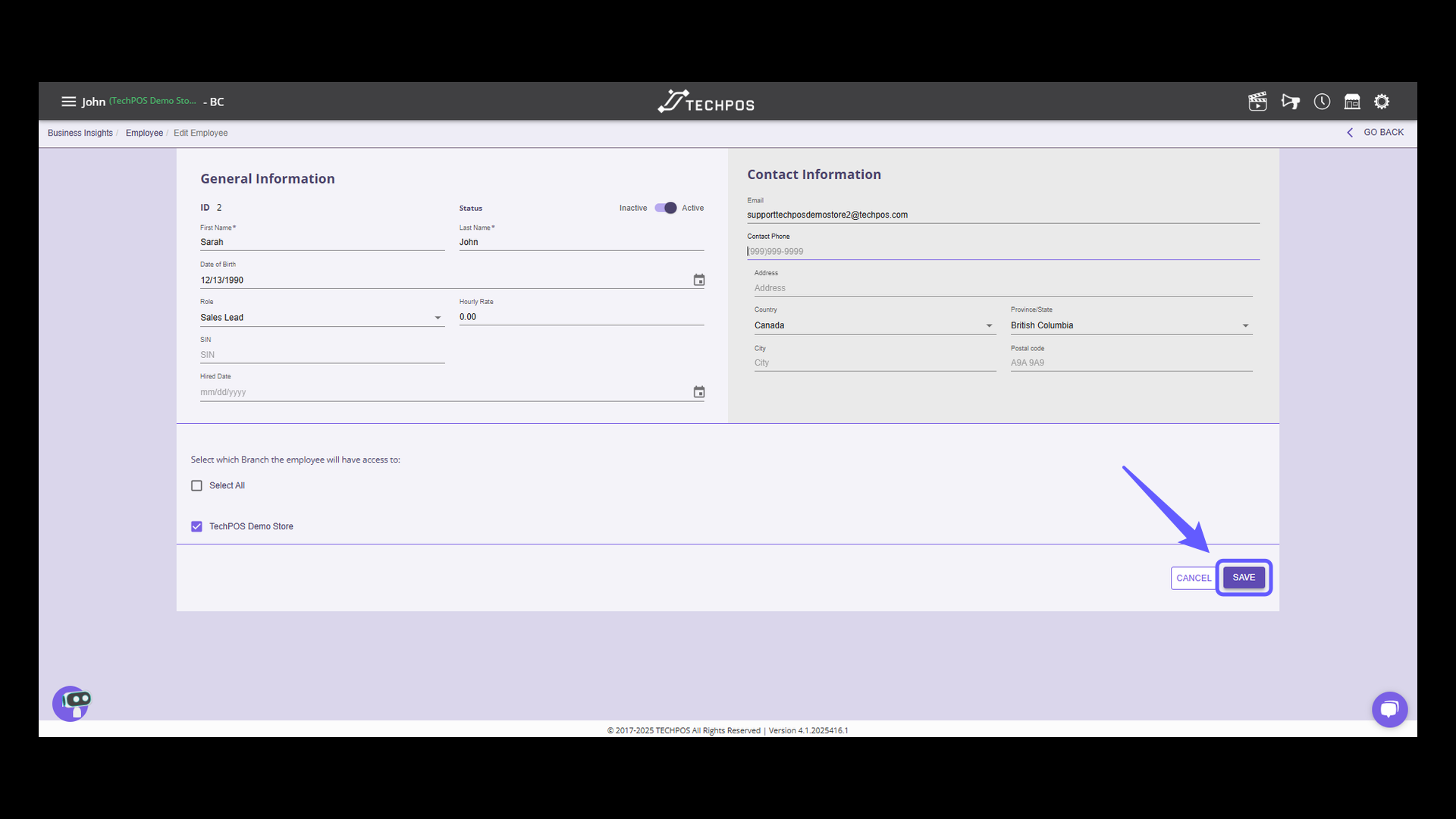 Save Button on Employee Form