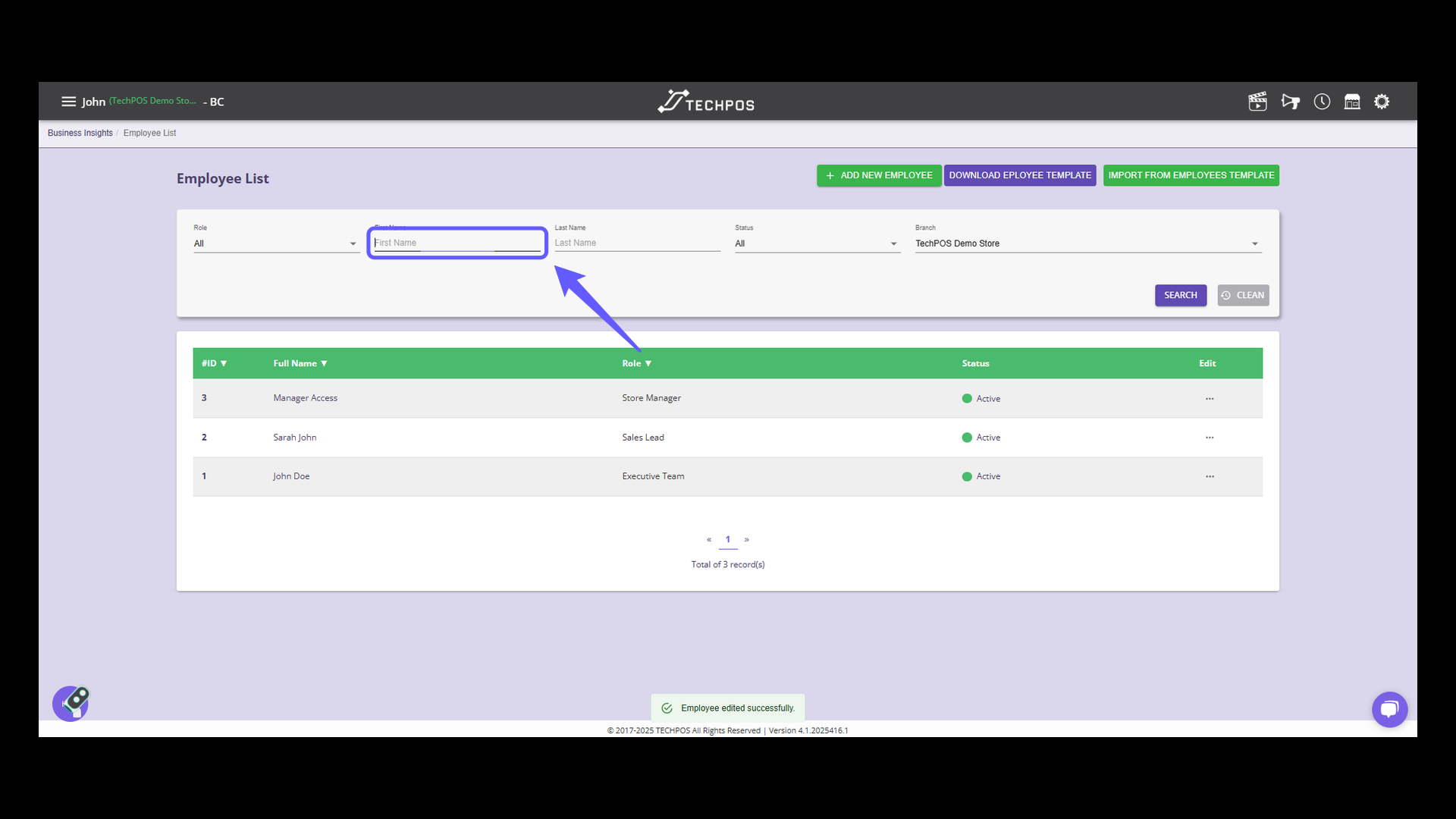 Input the employee details into the search field.