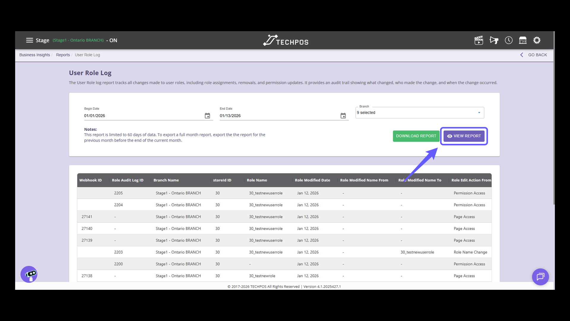 Access User Role Log Report