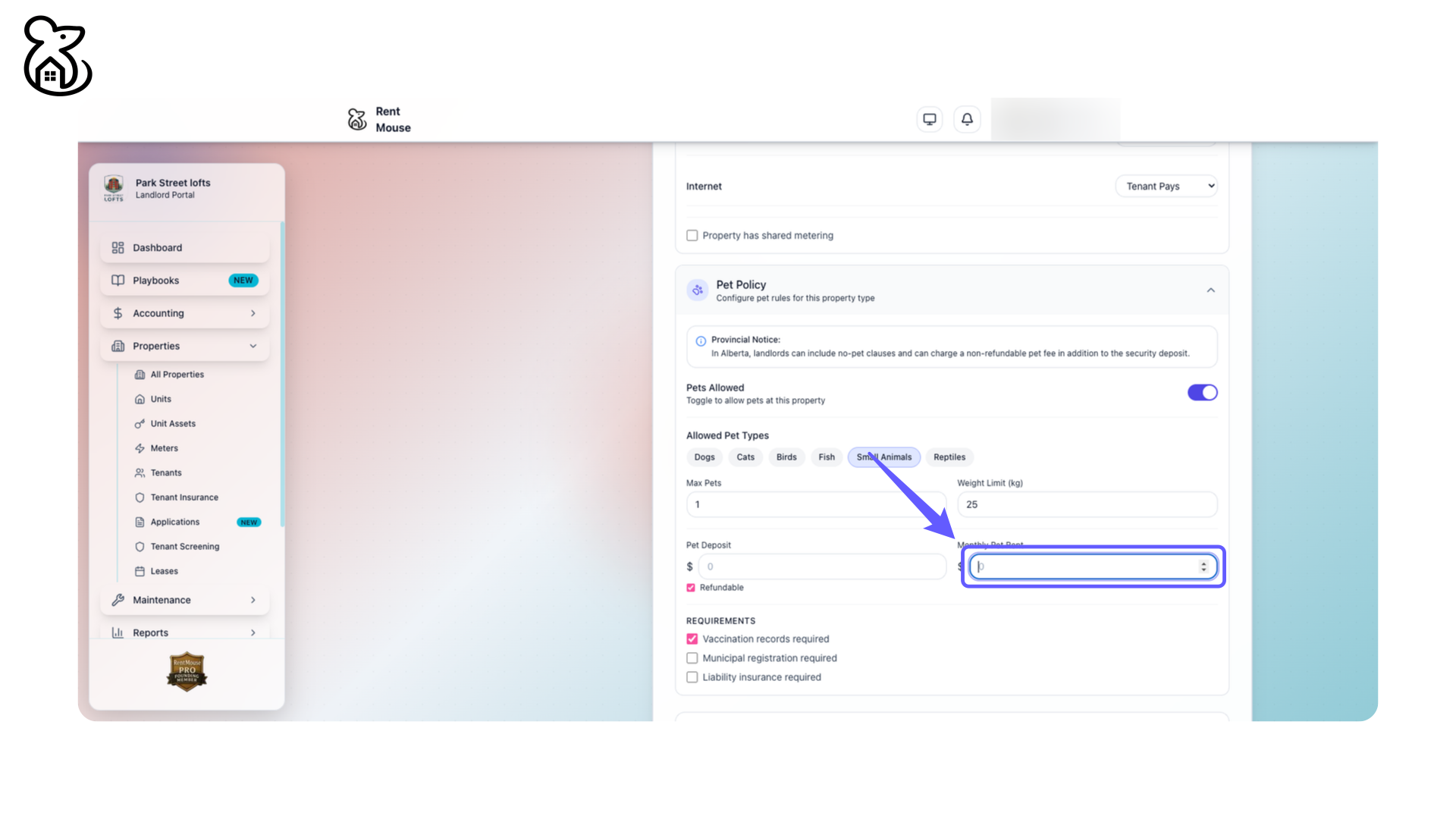 Set Monthly Pet Rent Amount