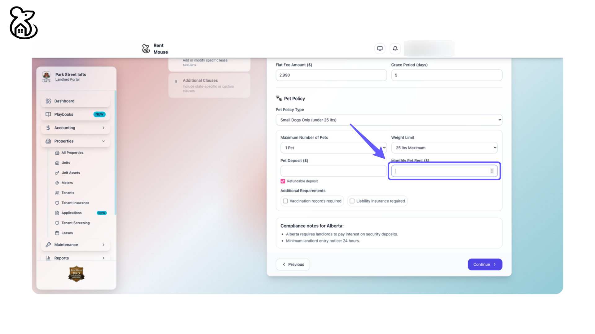 Set Monthly Pet Rent