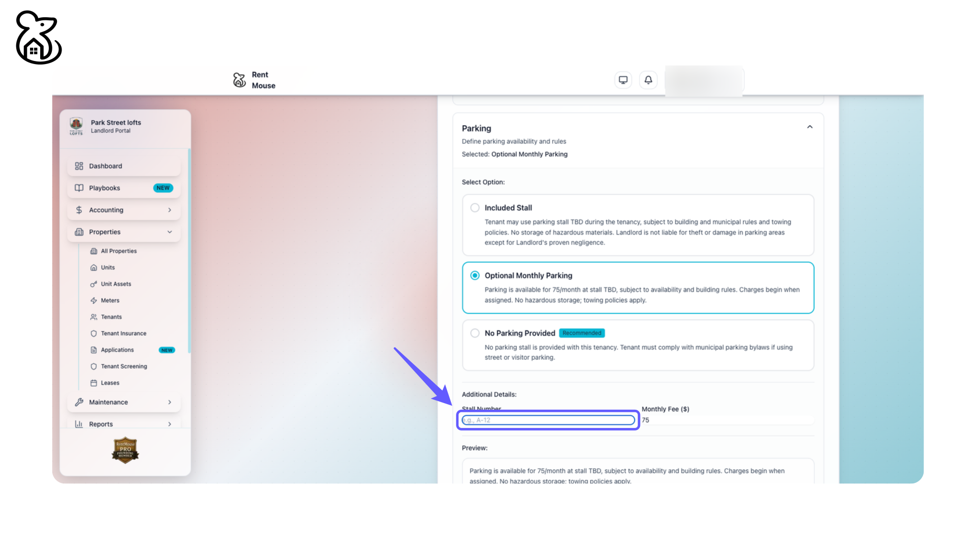 Enter Parking Stall Number
