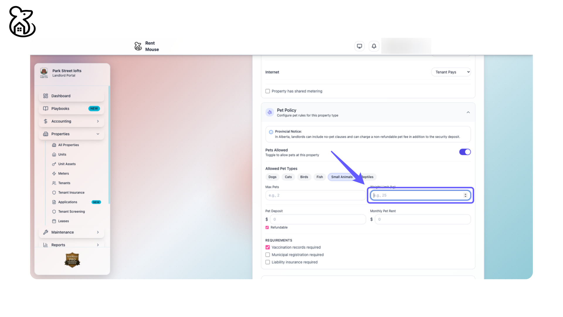 Set Pet Weight Limit