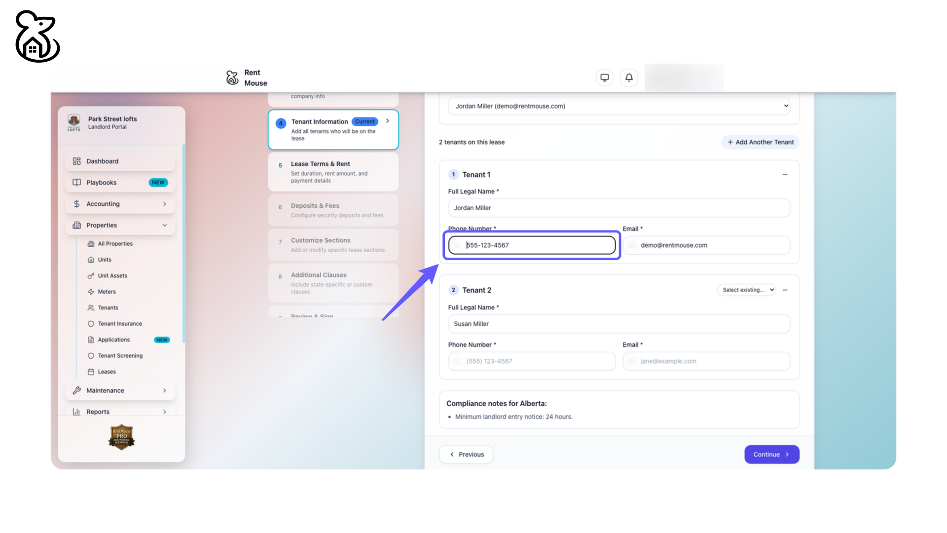 Enter Tenant's Phone Number