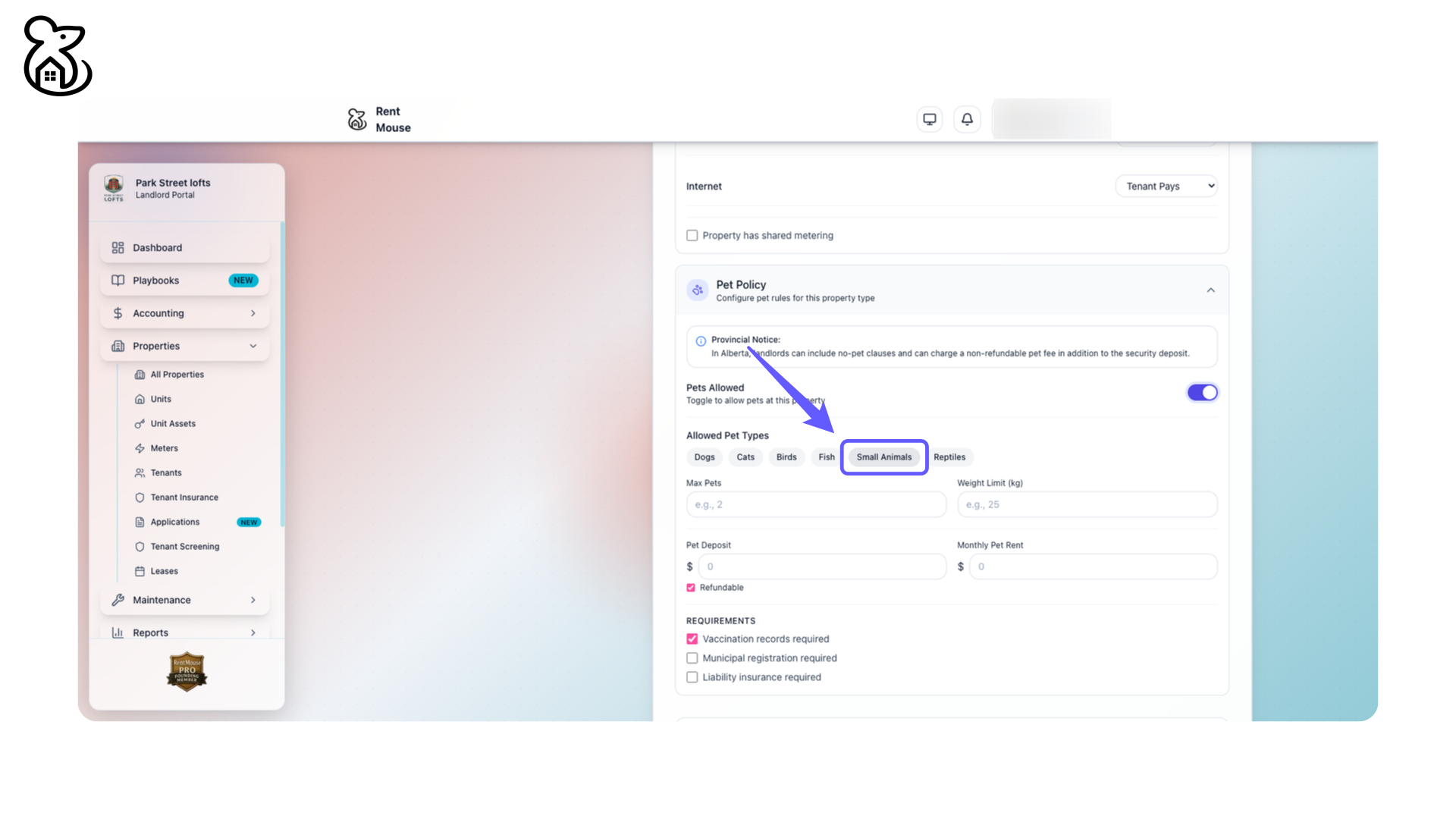Select Allowed Pet Type