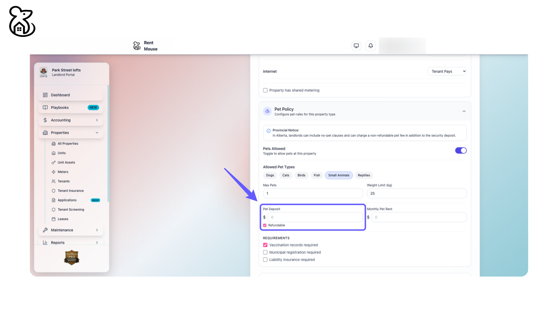 Configure Pet Deposit