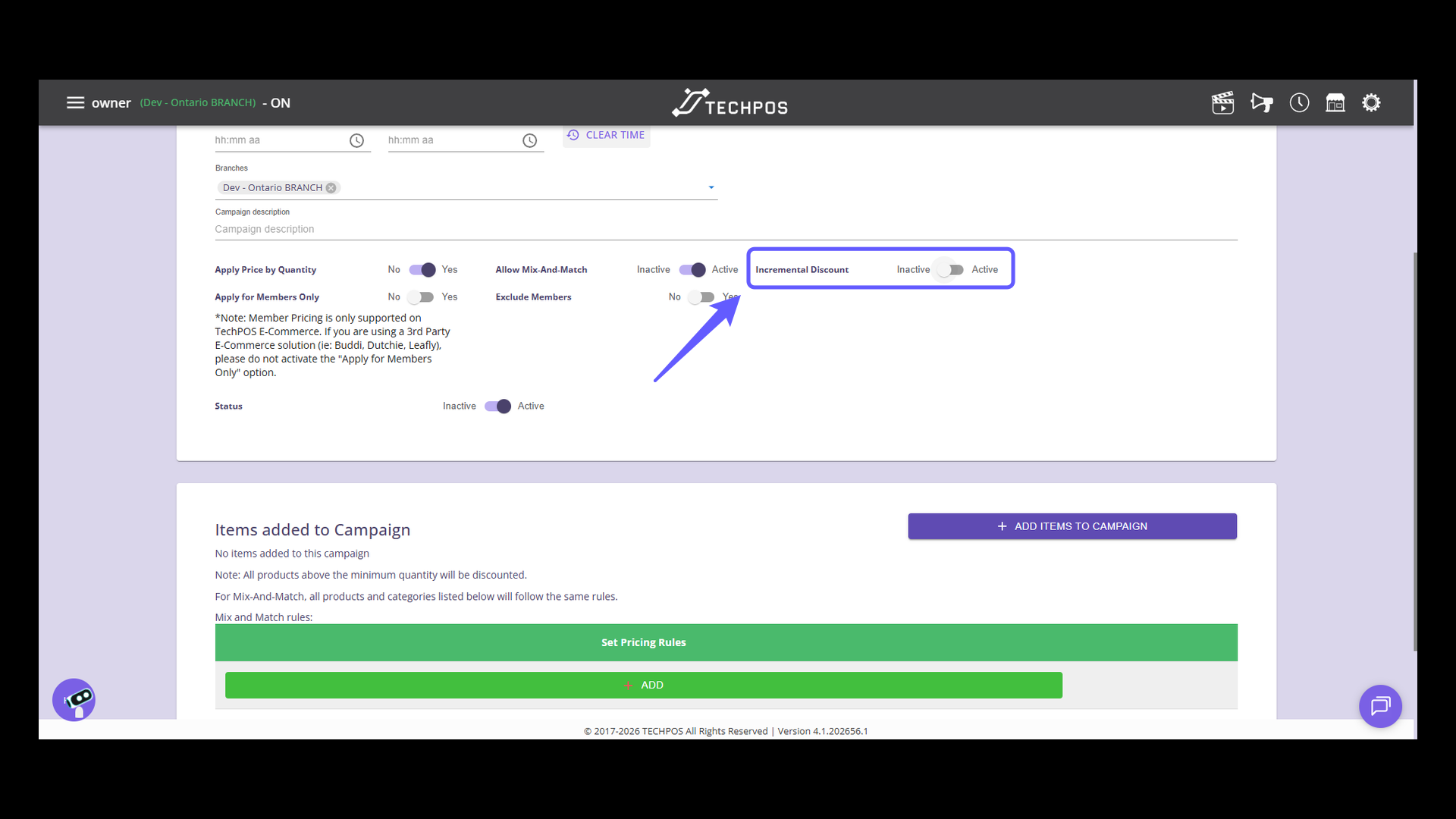 Toggle Incremental Discount Status