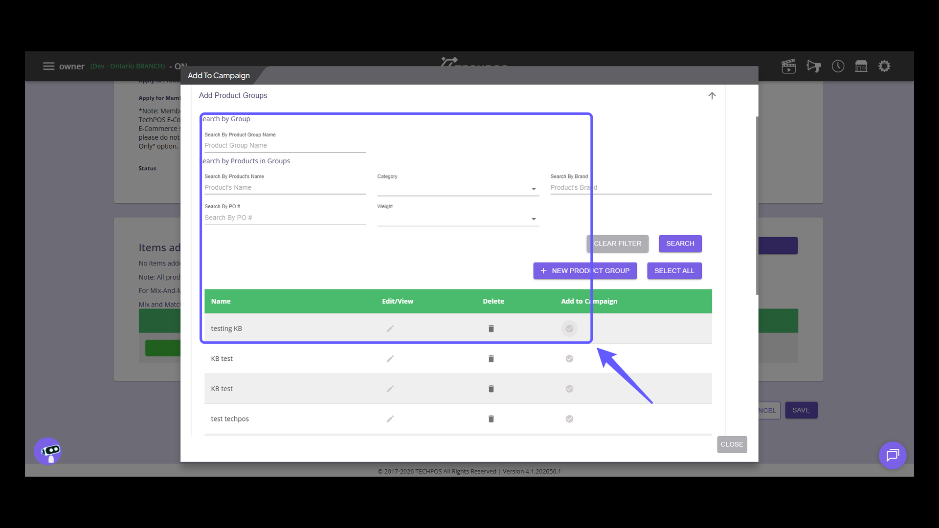 Search for the created product group