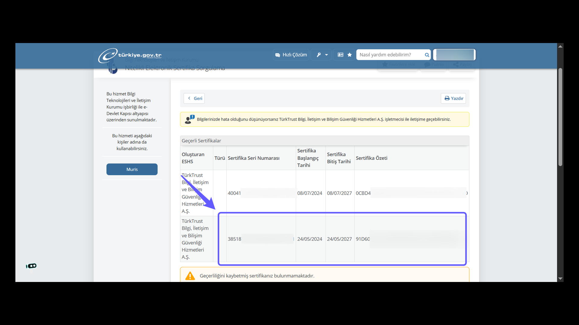 TürkTrust Sertifika Seri Numarası Kontrolü