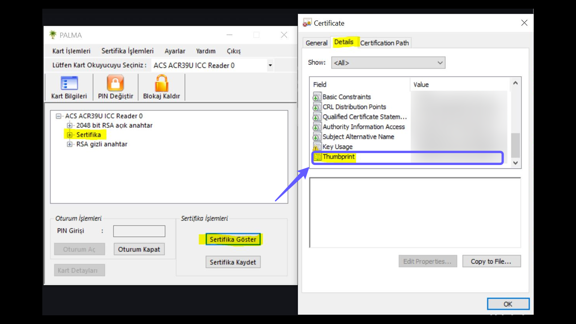 Palma Uygulaması Üzerinden Sertifika Bilgilerine Erişim