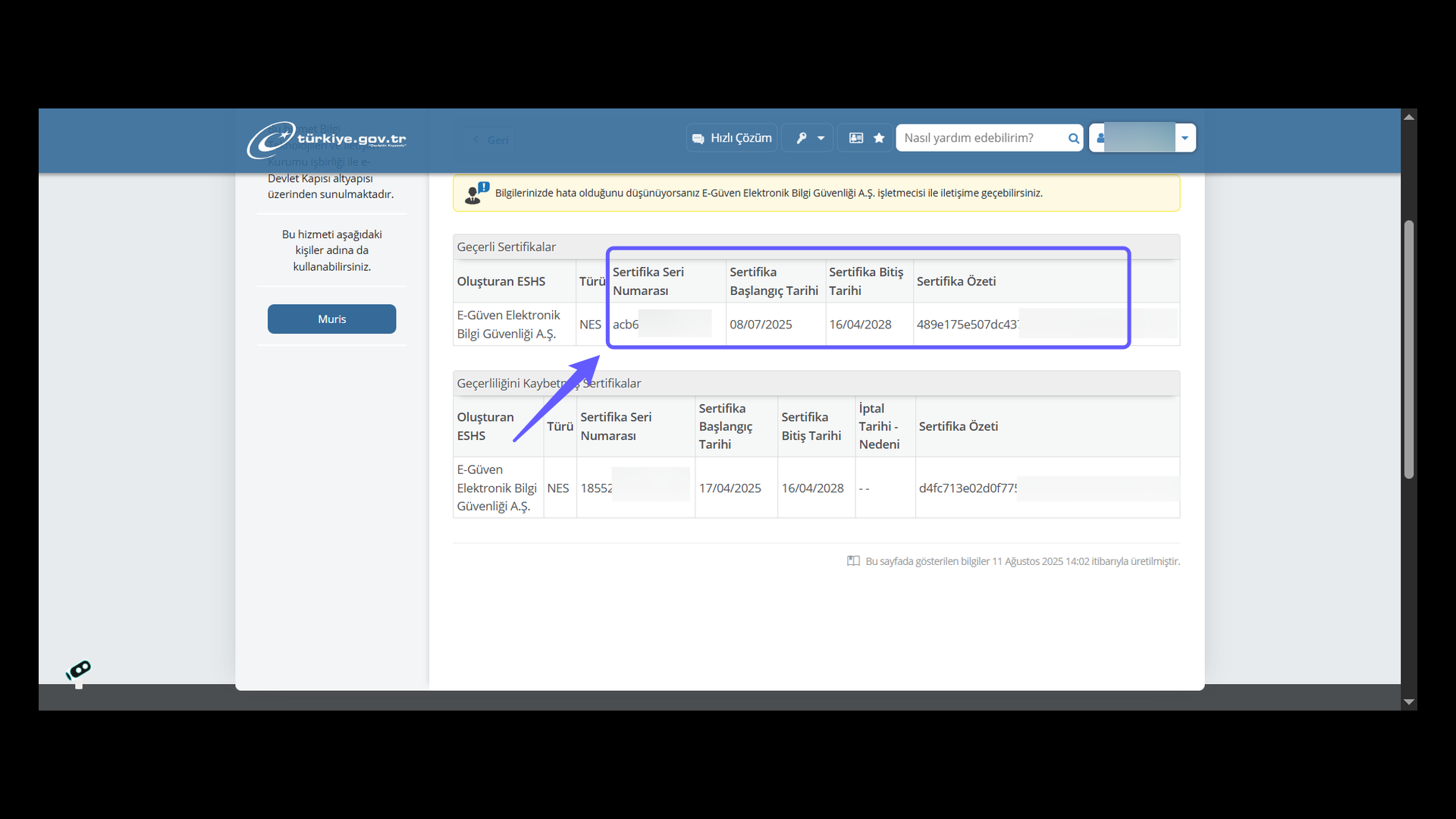 e-Güven Sertifika Seri Numarası Kontrolü
