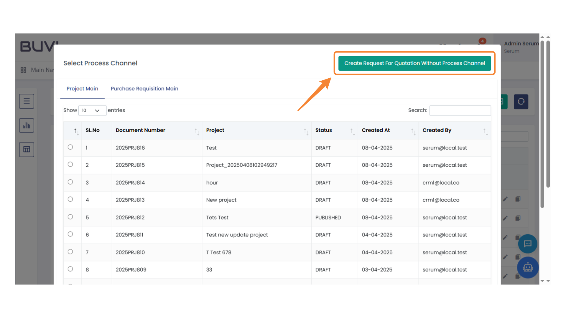 Create Request for Quotation Button