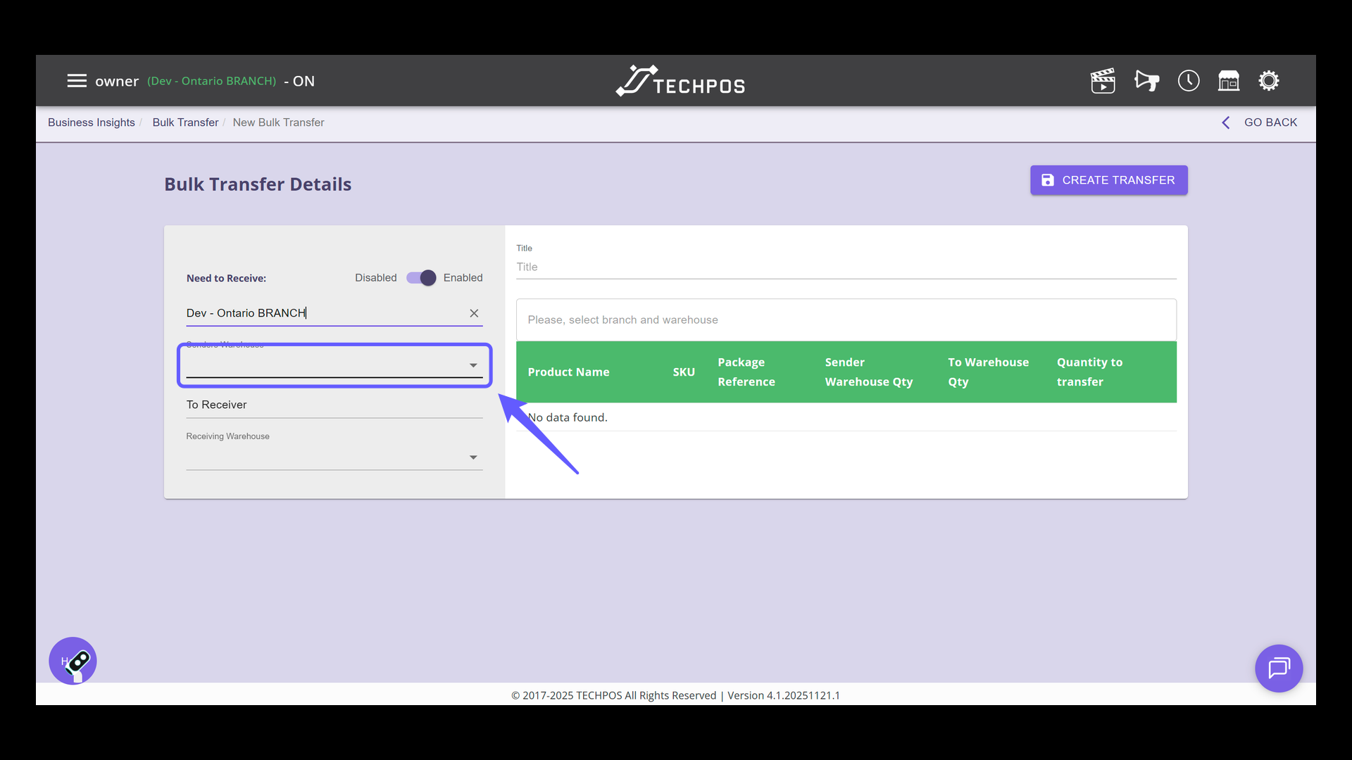 Select the Sender's Warehouse