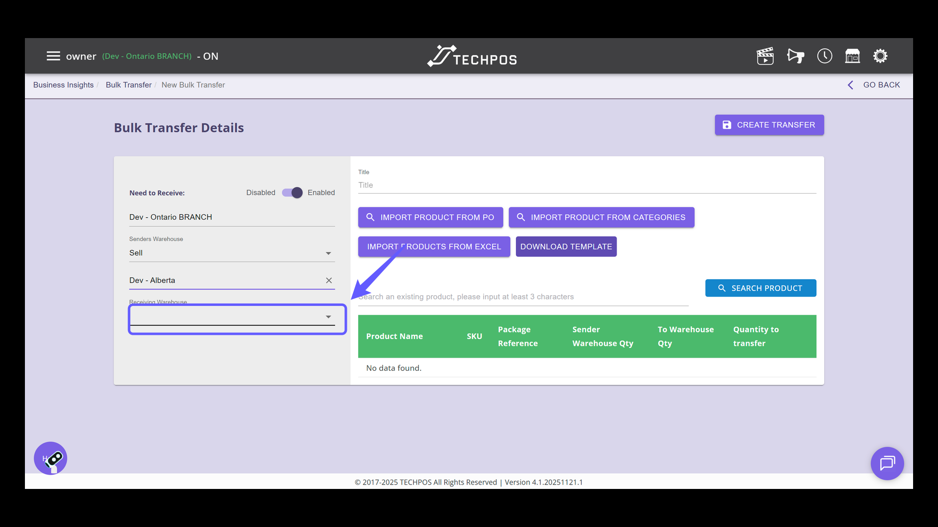 Select Receiver Warehouse