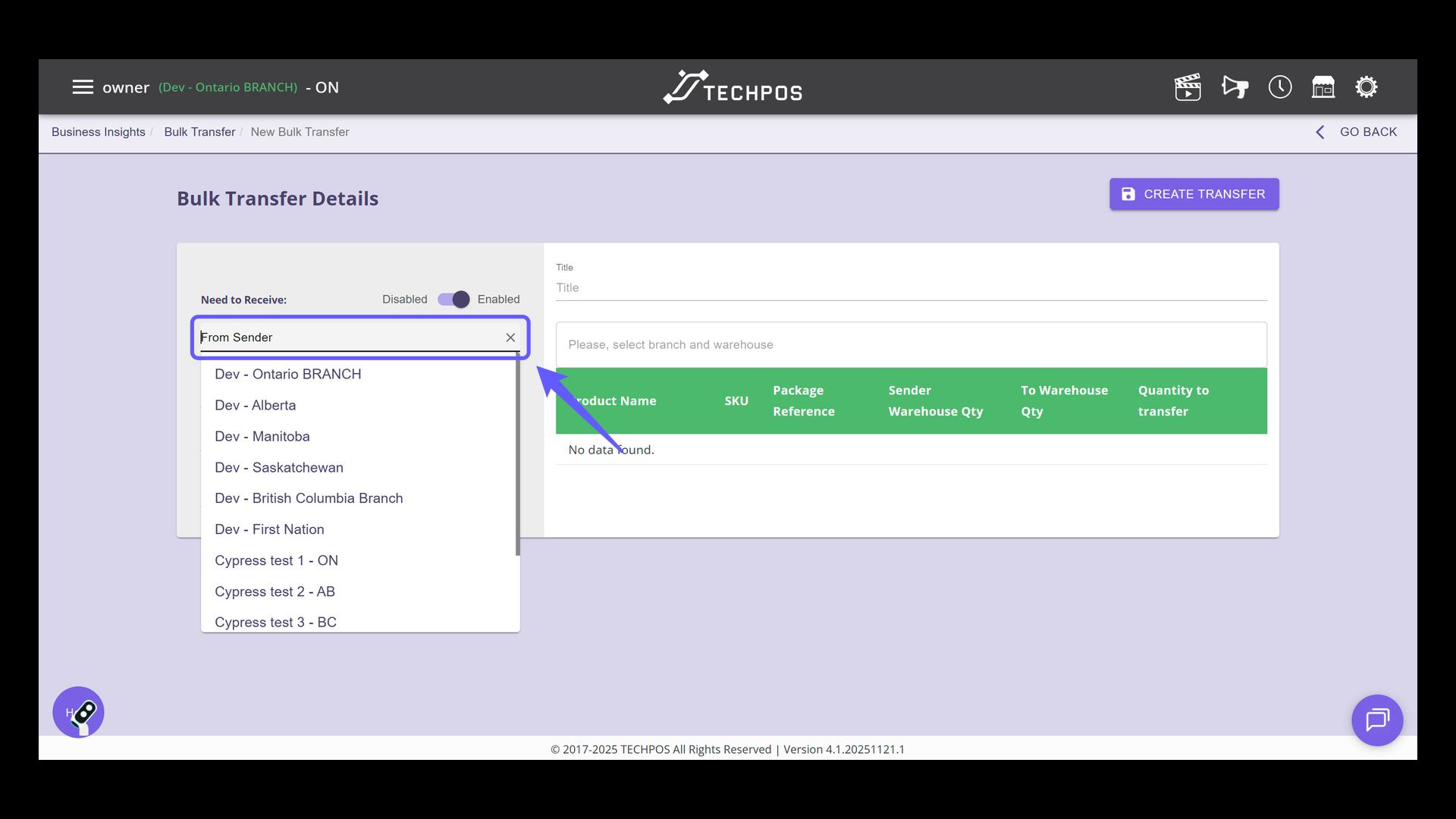 Select Sender Branch