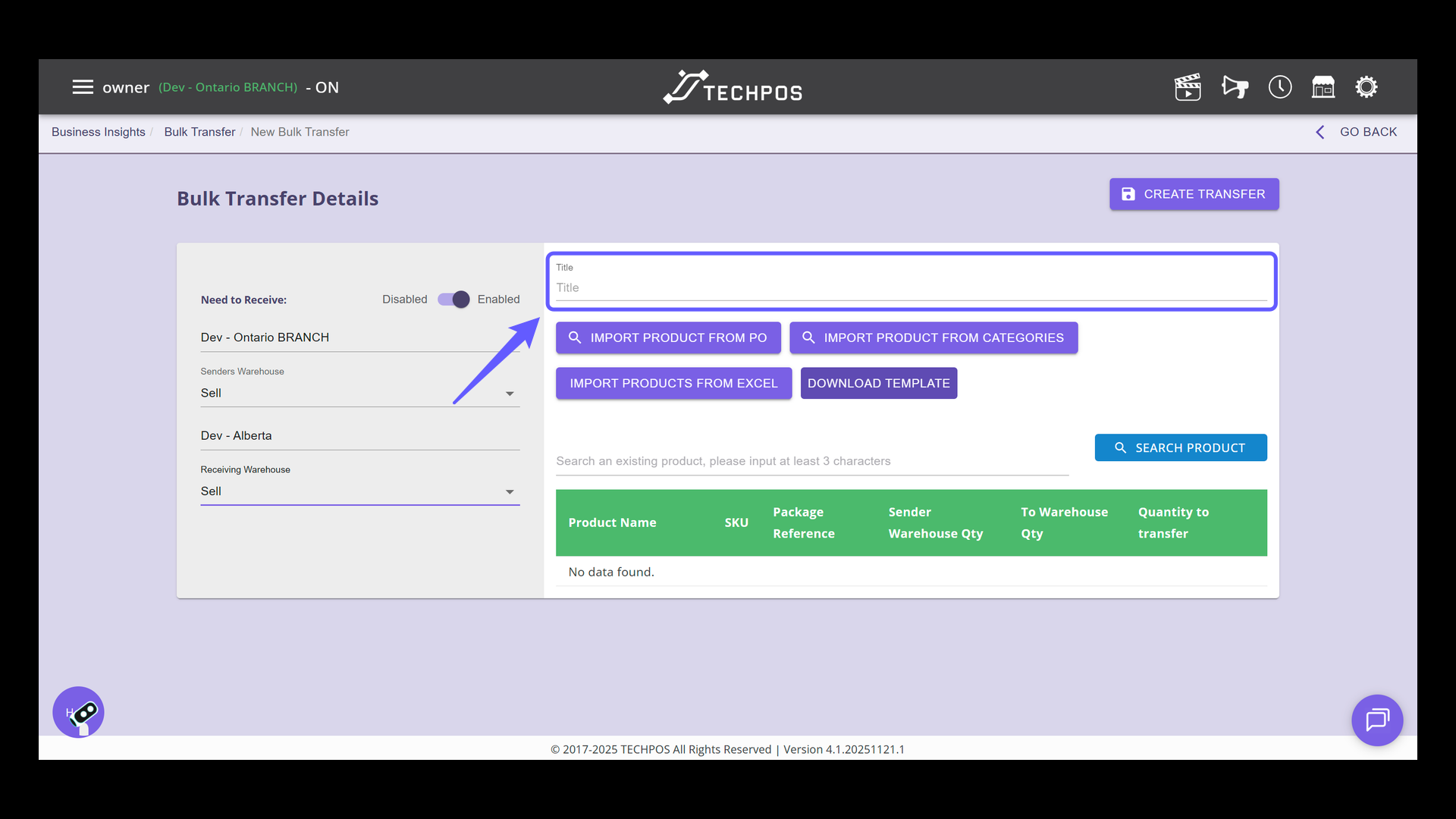 Enter Title for Bulk Transfer